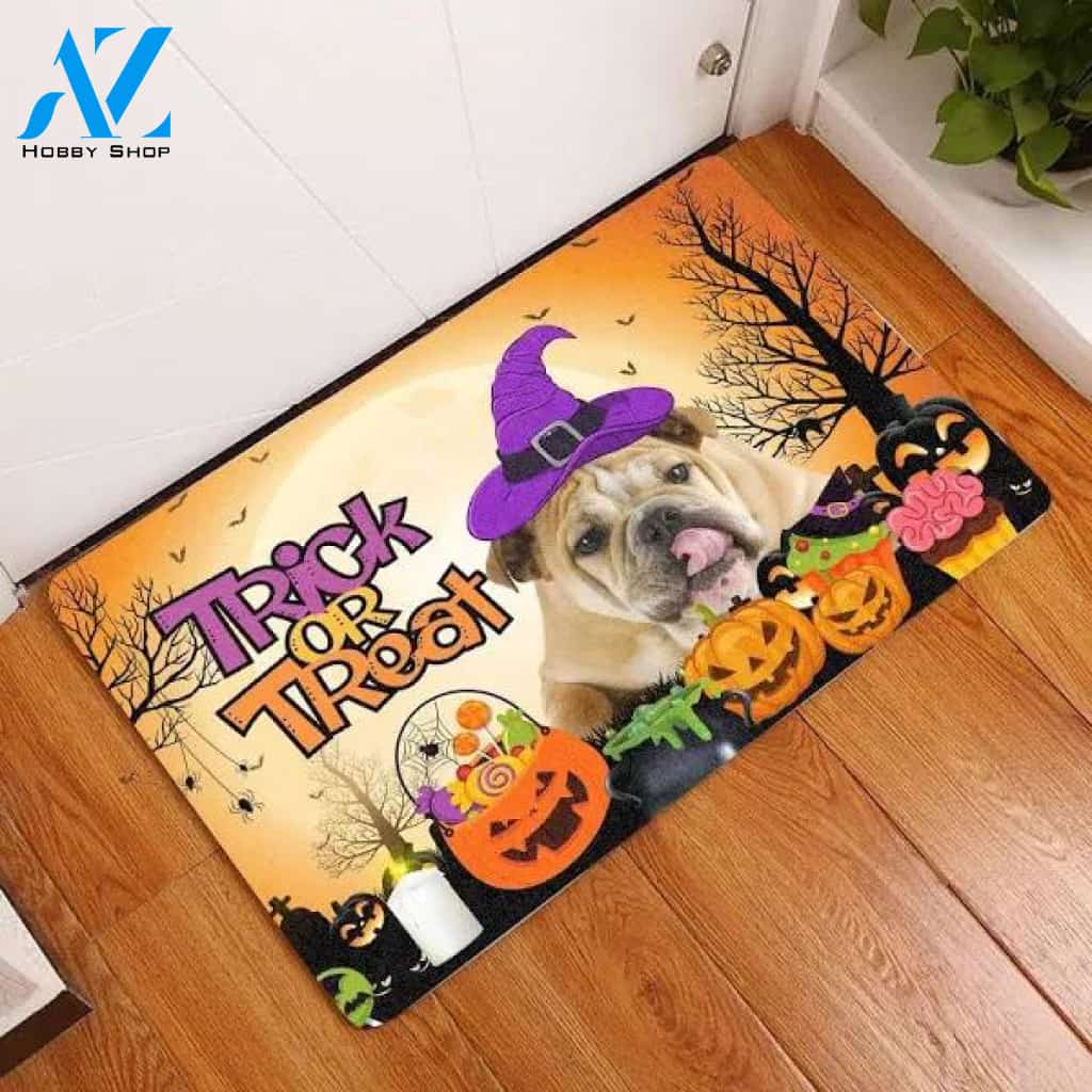 Bulldog Halloween Trick Or Treat Doormat Welcome Mat Housewarming Gift Home Decor Funny Doormat Gift For Dog Lovers Halloween Day Gift