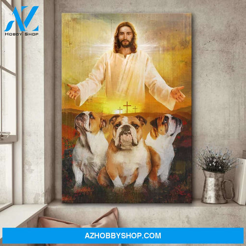 Bulldog - In the arms of Jesus - Dog Portrait Canvas Prints, Wall Art