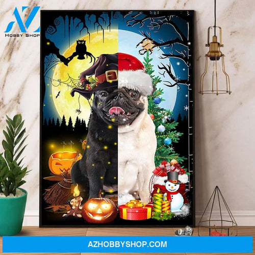 Bulldog Witch And Bulldog With Christmas Hat Halloween Gift Christmas Gift Canvas And Poster, Wall Decor Visual Art, Halloween Gift, Happy Halloween