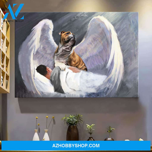 Bulldog with beautiful wings and man sleeping Bulldog Landscape Canvas Prints - Wall Art