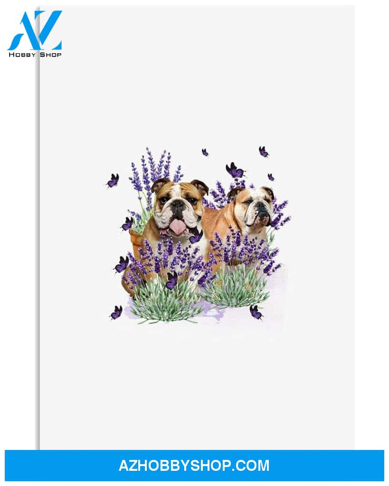Bulldog with lavender flower poster
