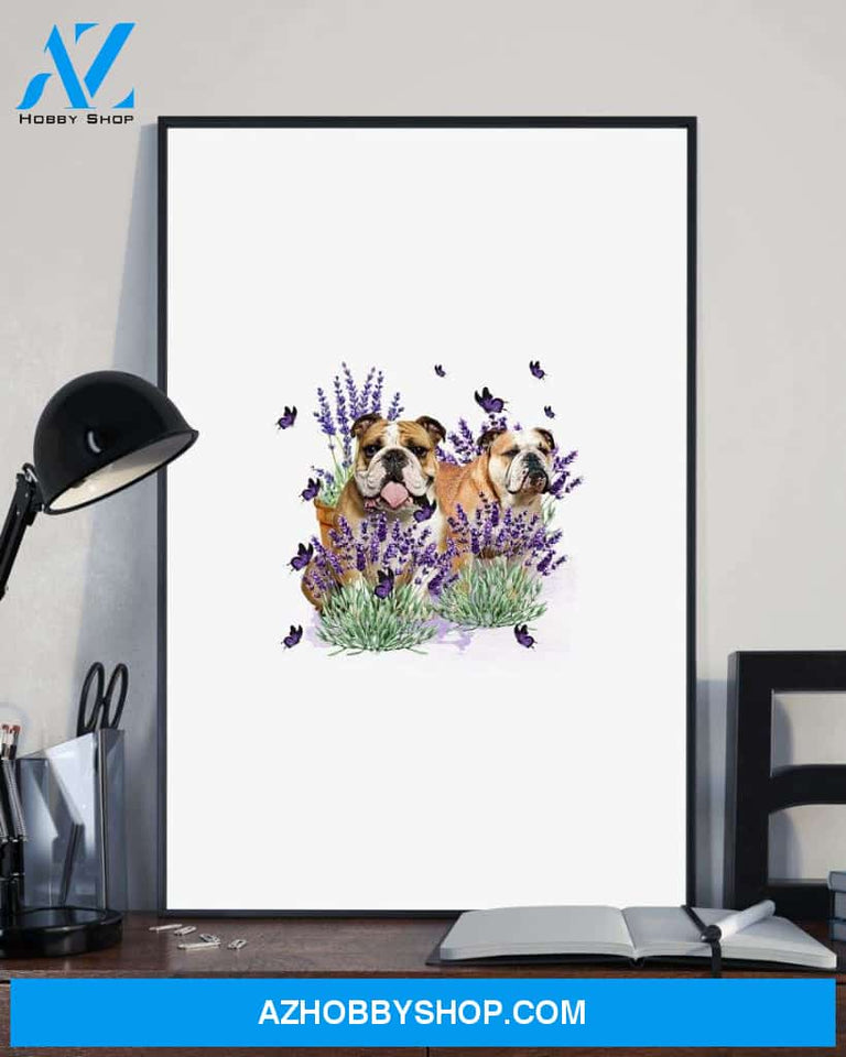 Bulldog with lavender flower poster