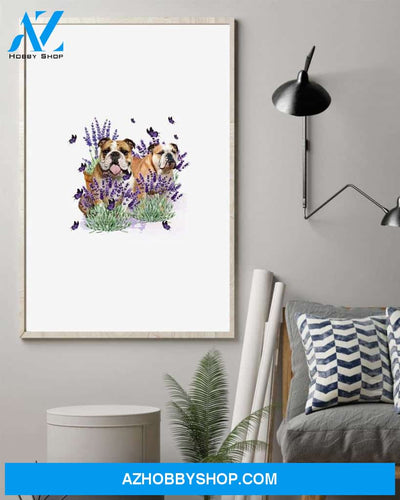 Bulldog with lavender flower poster