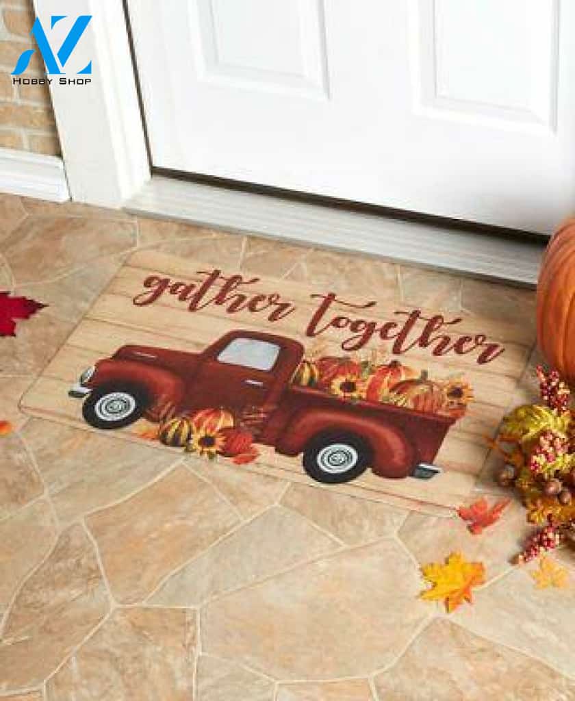 Burgundy Country Pickup Truck Pumpkin Easy Clean Welcome DoorMat | Felt And Rubber | DO3431