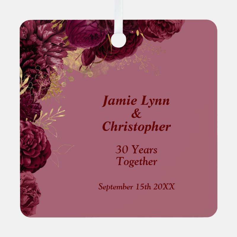 Burgundy Floral Wedding Anniversary Metal Ornament