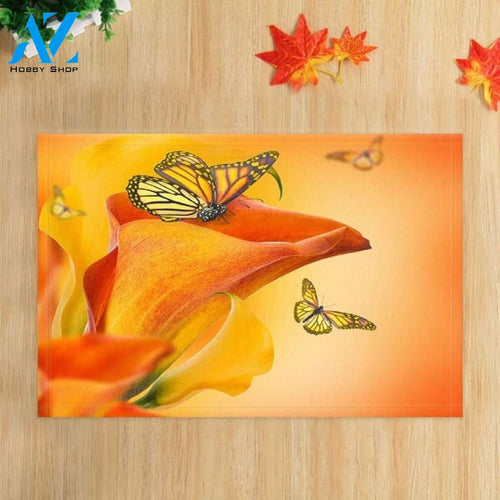 Butterflies Flying on Orange Flower Petals Doormat Floor Rug Housewarming Gift Home Living Home Decor Funny Doormat Gift Idea