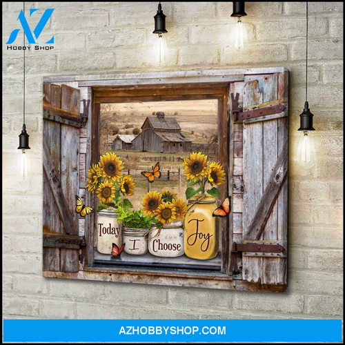 Butterflies Sunflower Mason Jars On Rustic Window Canvas | Sill Barn View Canvas | Today I Choose Joy Wall Art Decor Canvas