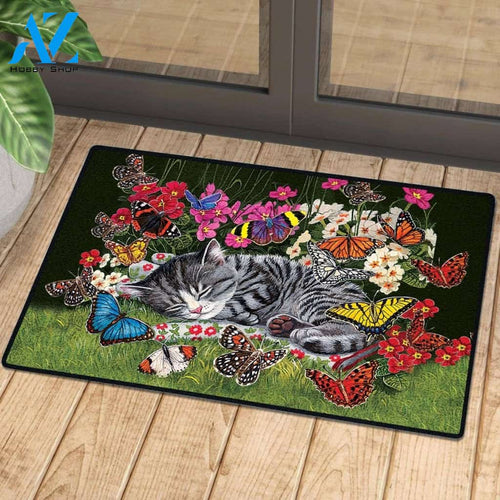Butterfly And Sleepy Cat Doormat | Colorful | Size 8x27'' 24x36''
