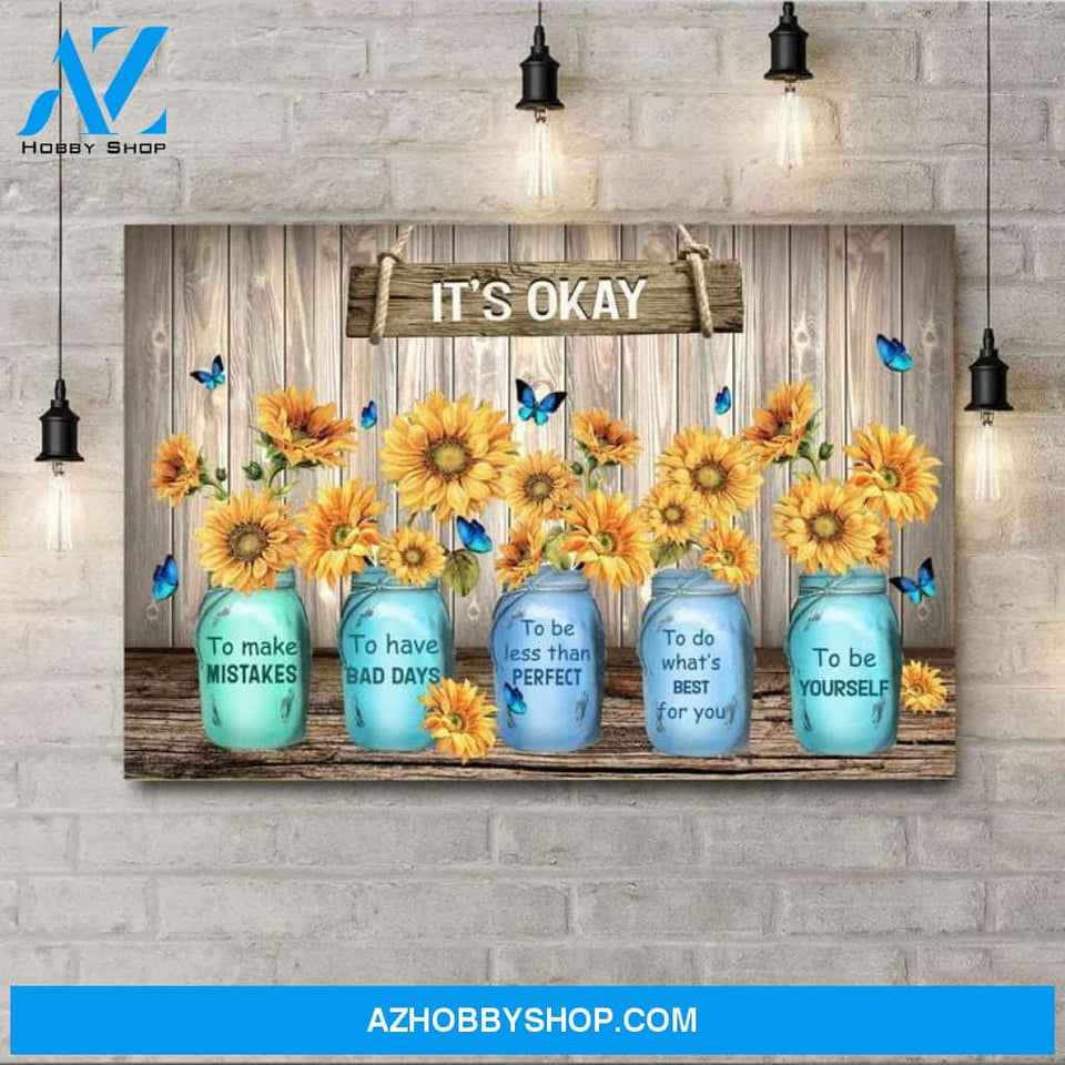 Butterfly And Sunflowers It's Okay To Make Mistakes Flowers Mason Jar Motivational Rustic Poster Canvas Wall Decor Visual Art