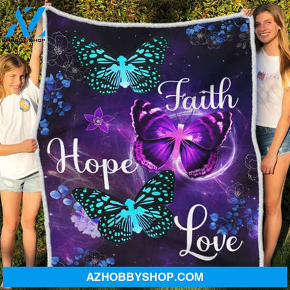 Butterfly Blanket, Faith Hope Love Butterfly Purple Blanket