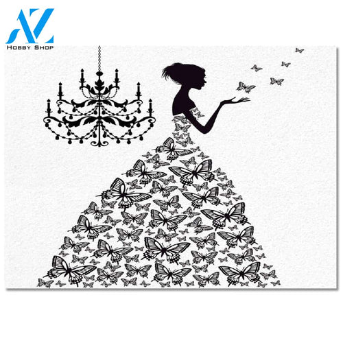 Butterfly Dresses Girl Black And White Doormat Indoor And Outdoor Mat Entrance Rug Sweet Home Decor Housewarming Gift Gift For Friend Family Butterflies Lovers