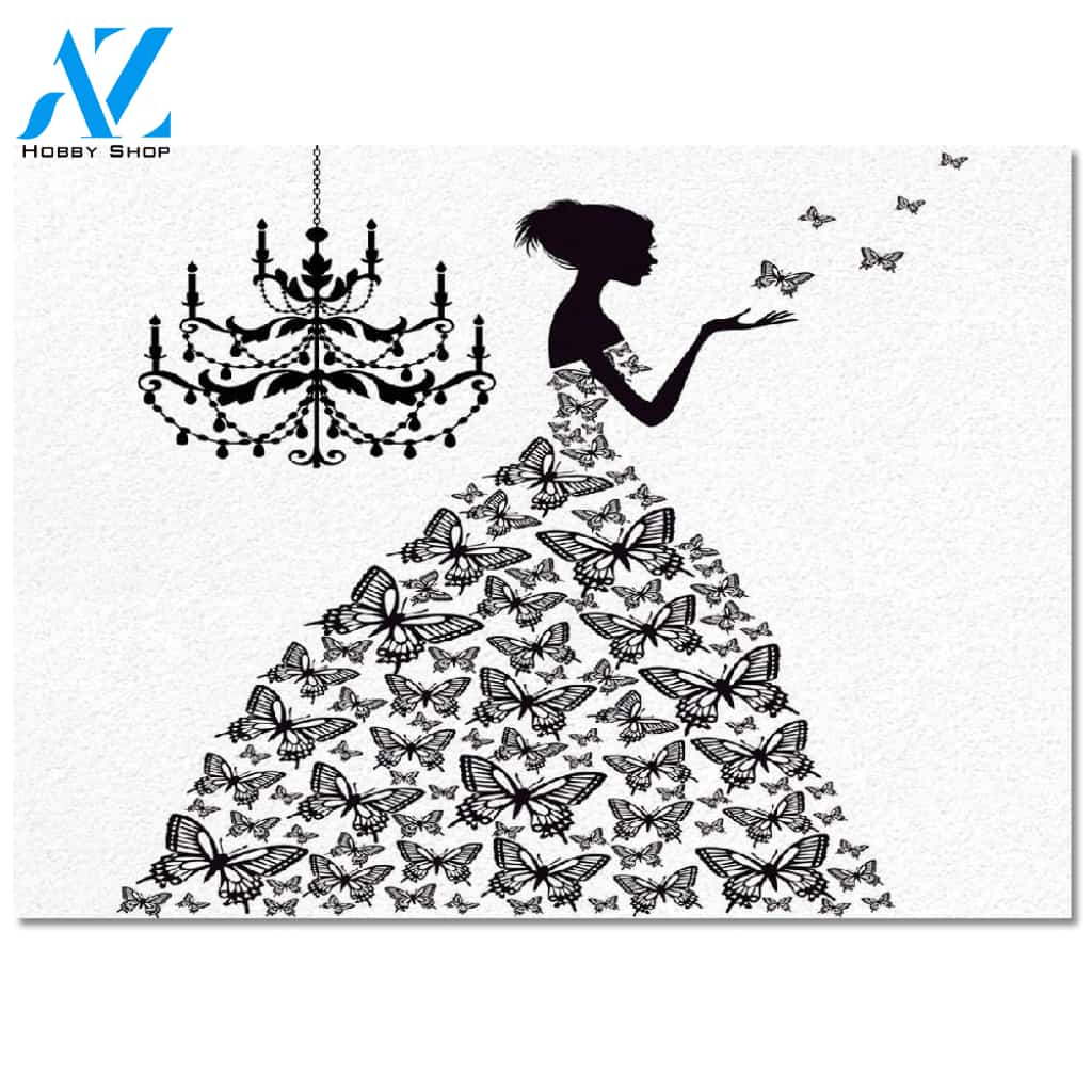 Butterfly Dresses Girl Black And White Doormat Indoor And Outdoor Mat Entrance Rug Sweet Home Decor Housewarming Gift Gift For Friend Family Butterflies Lovers