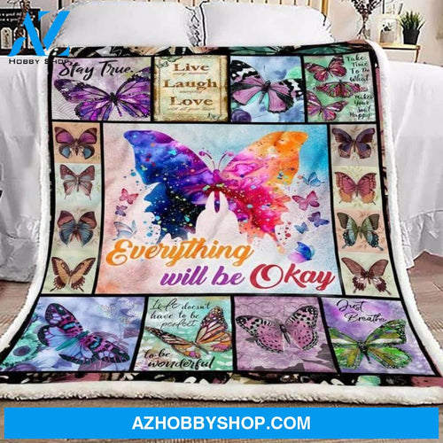 Butterfly Everything Will Be Okay Fleece Blanket Animals Gift For Family,Birthday,Friends,Butterflies Lover Gift Home Decor Bedding Couch Sofa Soft and Comfy Cozy
