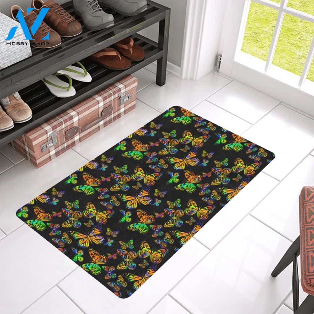 Butterfly Neon Color Print Pattern Rubber Doormat