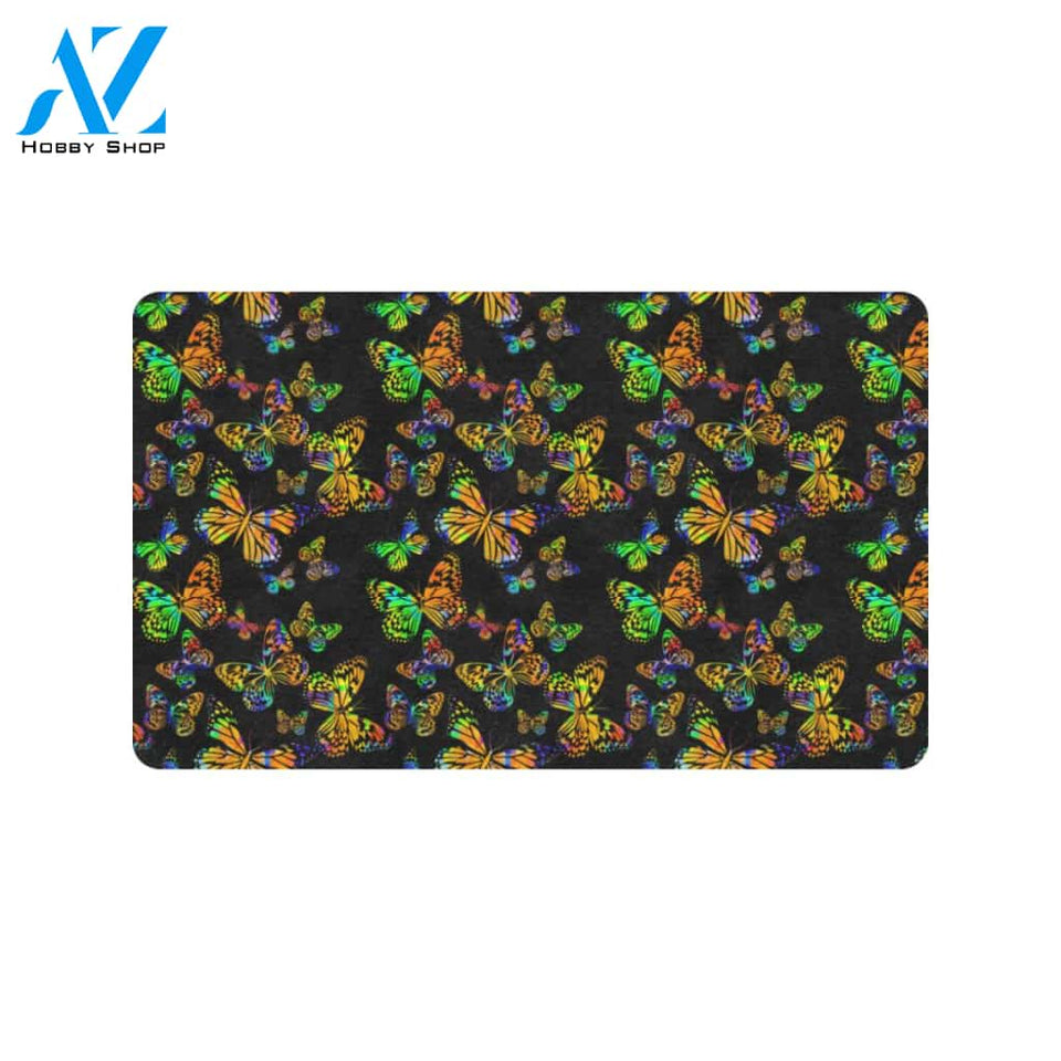 Butterfly Neon Color Print Pattern Rubber Doormat