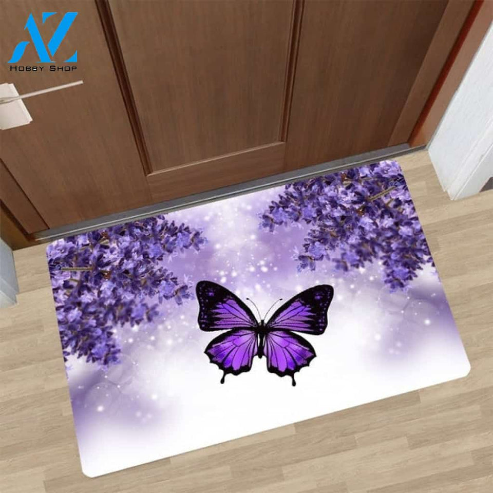 Butterfly Purple Flowers Lavender Doormat Welcome Mat House Warming Gift Home Decor Gift for Butterfly Lovers Funny Doormat Gift Idea