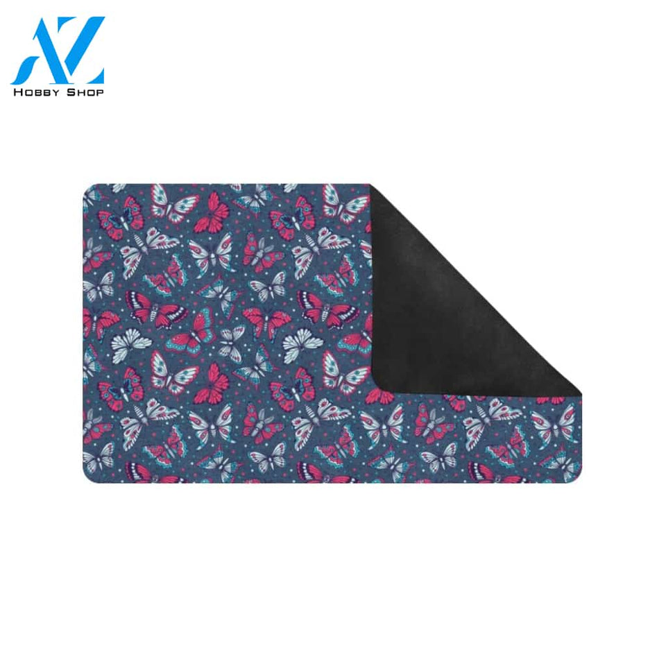 Butterfly Red Deep Blue Print Pattern Rubber Doormat