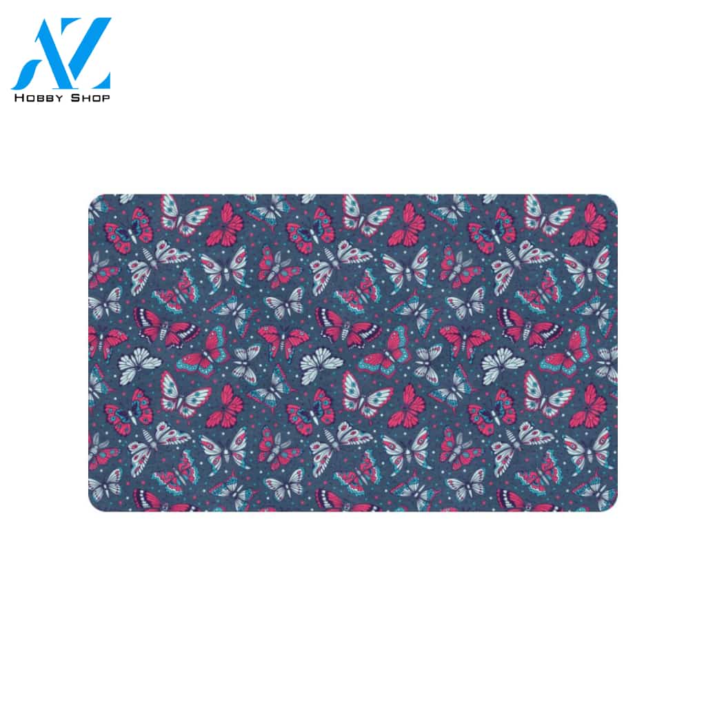 Butterfly Red Deep Blue Print Pattern Rubber Doormat