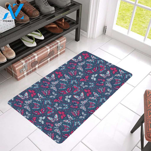 Butterfly Red Deep Blue Print Pattern Rubber Doormat