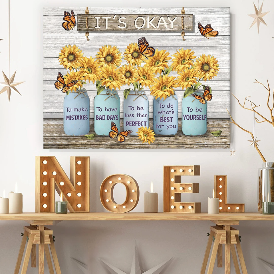 Monarch Butterfly Sunflower Mason Jar Canvas Wall Art, Wall Decor Visual Art It'S Okay To Make Mistakes