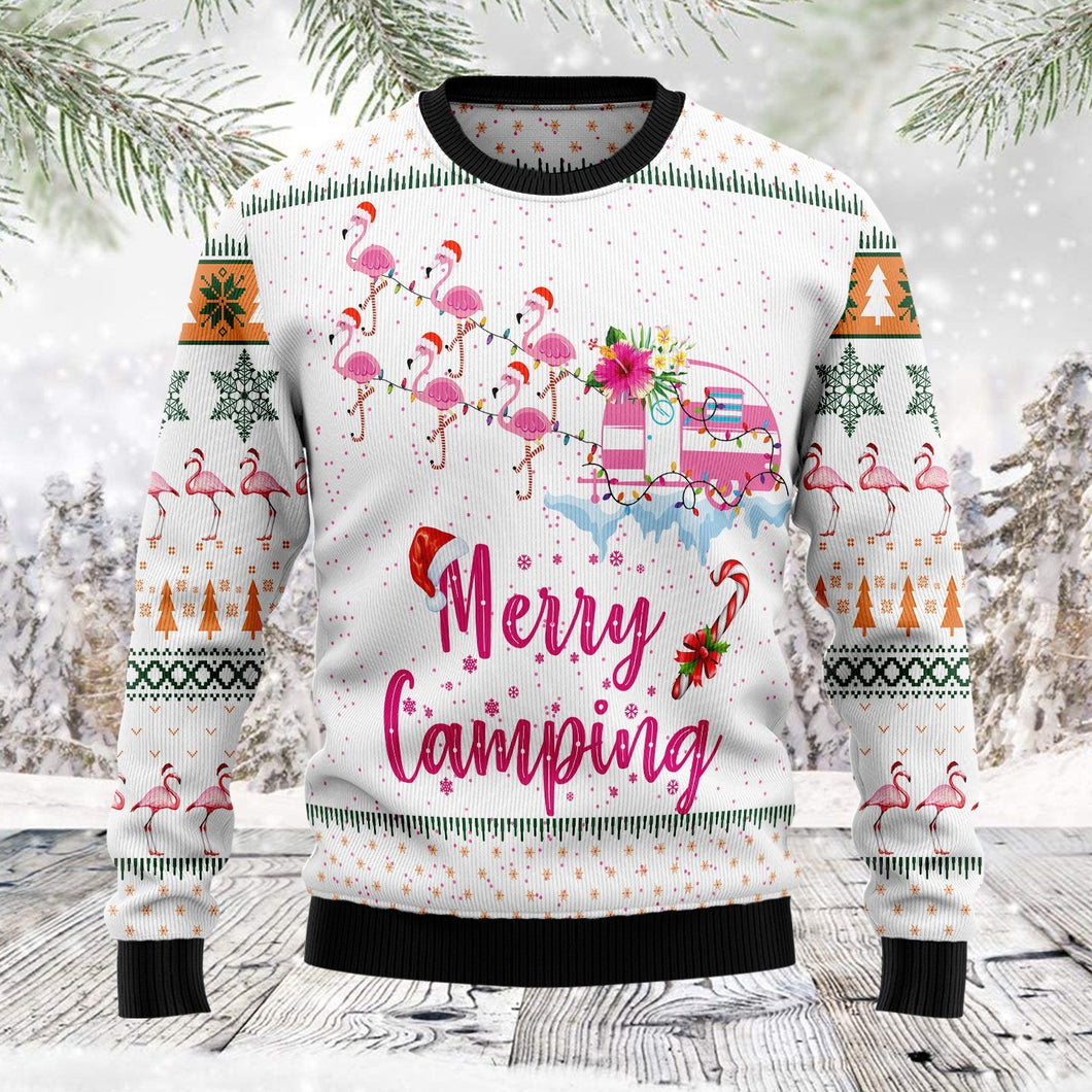Merry Christmas Camping Flamingo Ugly Christmas Sweater 
