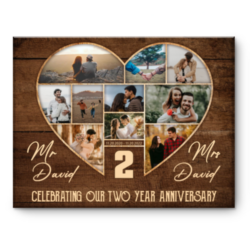 2nd Wedding Anniversary Present, Gift For 2nd Anniversary, Heart Shape Photo Collage