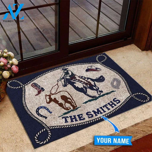 Calf roping Horseshoe Pattern Blue Custom Doormat