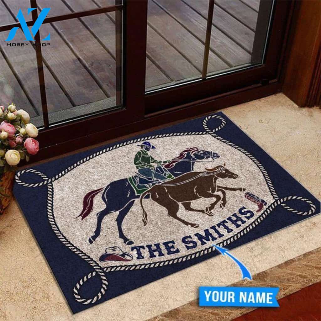 Calf roping Unique Blue Custom Doormat | Welcome Mat | House Warming Gift