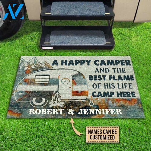 Camping A Happy Camper And The Best Flame Of His Life Camp Here Custom Doormat | Welcome Mat | House Warming Gift