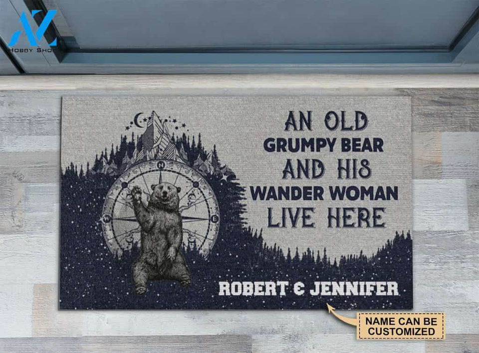 Camping An Old Grumpy Bear And His Wander Woman Live Here Custom Doormat | Welcome Mat | House Warming Gift