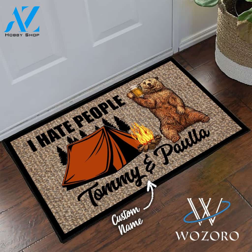 Wozoro Doormat Personalized Camping Bear Drinking Beer I Hate People Size 18 x 30, 24 x 36, 36 x 60 inch