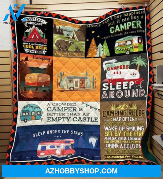 Camping Blanket, Happy Camping Camper Fleece Blanket