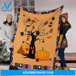 Camping Blanket, Camping Pumpkin Halloween Fleece Blanket
