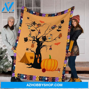 Camping Blanket, Camping Pumpkin Halloween Fleece Blanket
