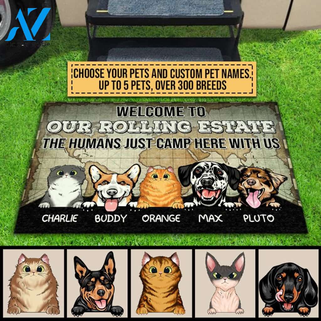 Camping Dog, Cat, Pet, Camper, RVs, Welcome Rolling Estate Custom Doormat