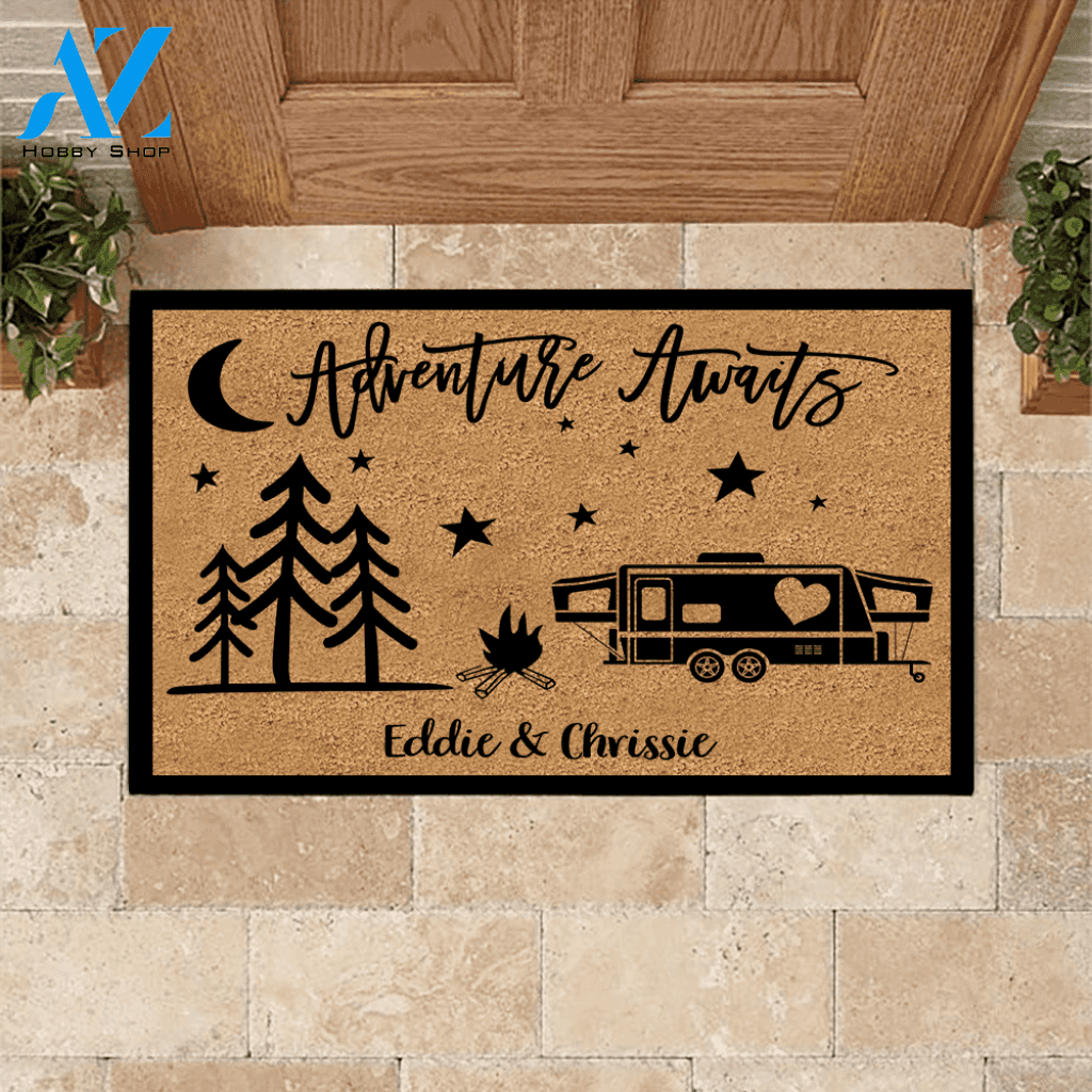 Camping Doormat Customized Name and RV Adventure Awaits | WELCOME MAT | HOUSE WARMING GIFT