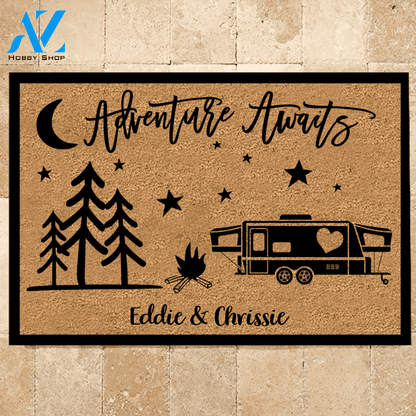 Camping Doormat Customized Name and RV Adventure Awaits | WELCOME MAT | HOUSE WARMING GIFT