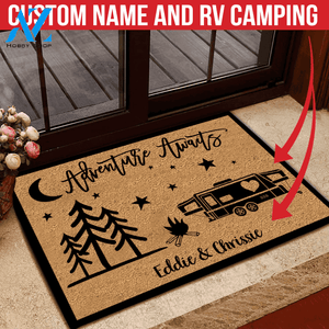 Camping Doormat Customized Name and RV Adventure Awaits | WELCOME MAT | HOUSE WARMING GIFT