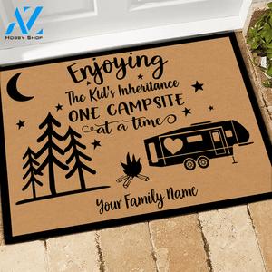 Camping Doormat Customized Name and RV Enjoying The Kid's Inheritance One Campsite At A Time Personalized Gift | WELCOME MAT | HOUSE WARMING GIFT