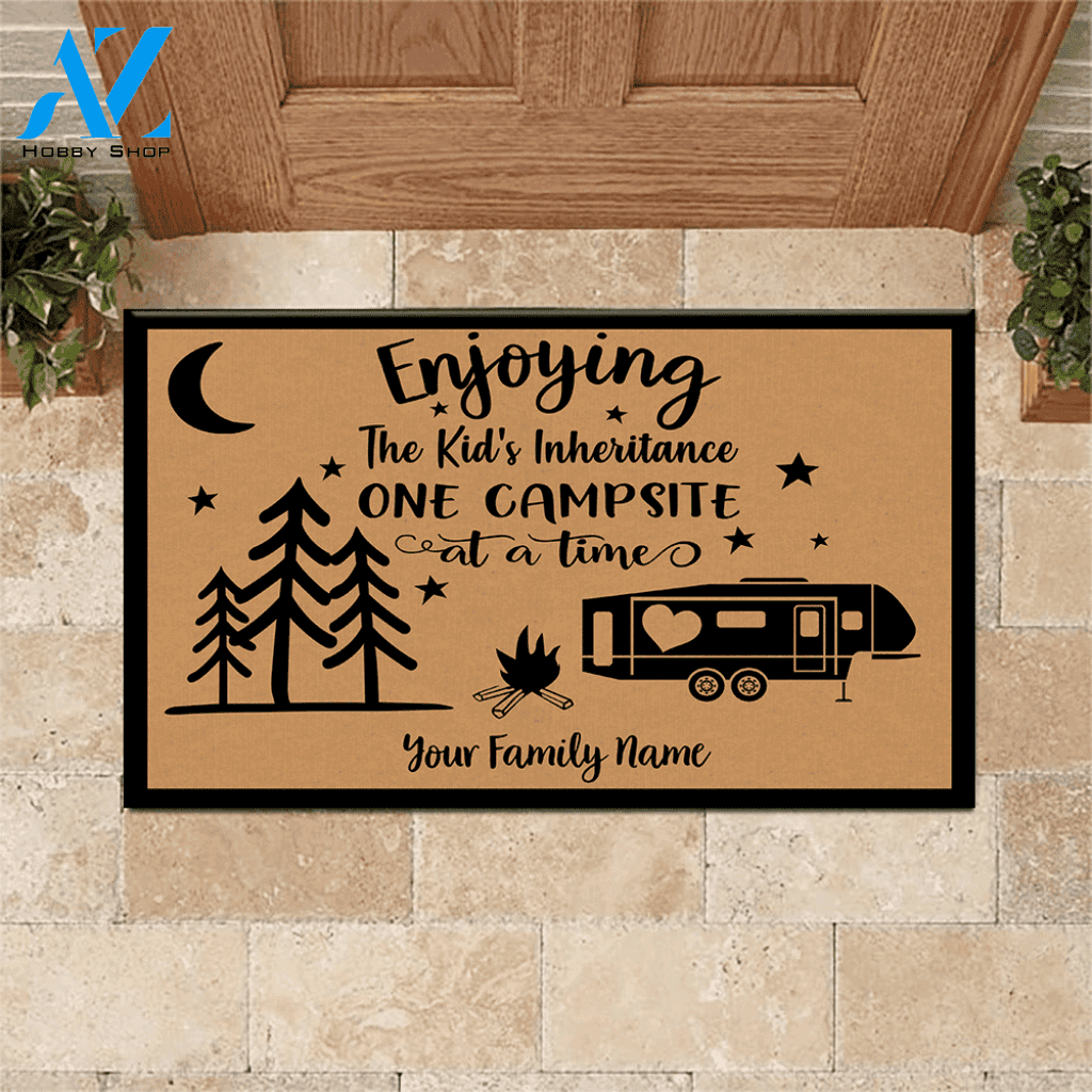 Camping Doormat Customized Name and RV Enjoying The Kid's Inheritance One Campsite At A Time Personalized Gift | WELCOME MAT | HOUSE WARMING GIFT