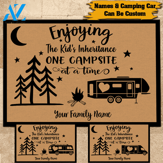 Camping Doormat Customized Name and RV Enjoying The Kid's Inheritance One Campsite At A Time Personalized Gift | WELCOME MAT | HOUSE WARMING GIFT