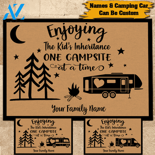 Camping Doormat Customized Name and RV Enjoying The Kid's Inheritance One Campsite At A Time Personalized Gift | WELCOME MAT | HOUSE WARMING GIFT