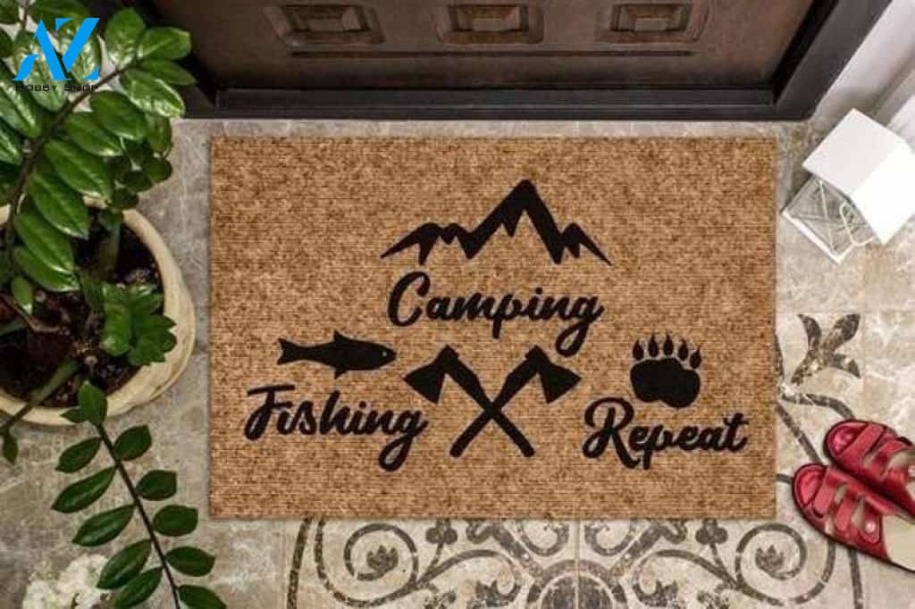 Camping Fishing Repeat Indoor and Outdoor Doormat Welcome Mat House Warming Gift Home Decor Funny Doormat Gift Idea