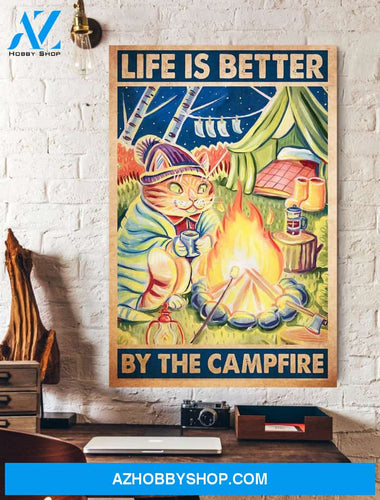 Camping Funny Cat Life Is Better By The Campfire Canvas Wall Art