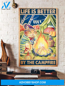 Camping Funny Cat Life Is Better By The Campfire Canvas Wall Art