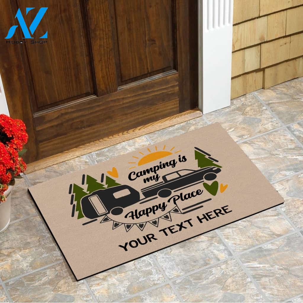 Camping Doormat For RV Personalized, Camping Is My Happy Place Custom Text Doormat Chipteeamz - TNN187