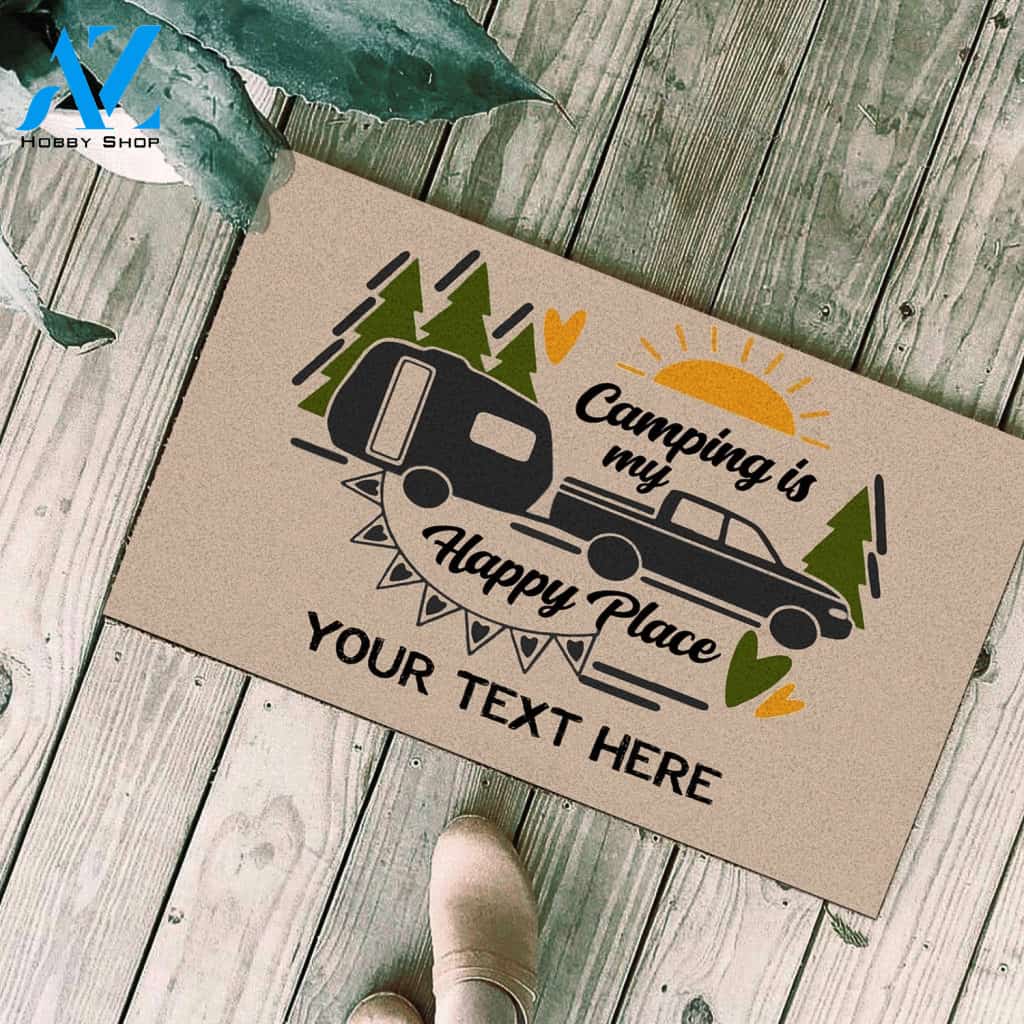 Camping Doormat For RV Personalized, Camping Is My Happy Place Custom Text Doormat Chipteeamz - TNN187