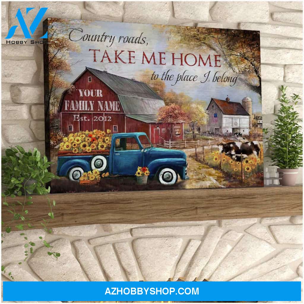 Personalized Canvas Wall Art Decor, Sunflower Pickup Truck and Beautiful Country Scene Country Roads Take Me Home
