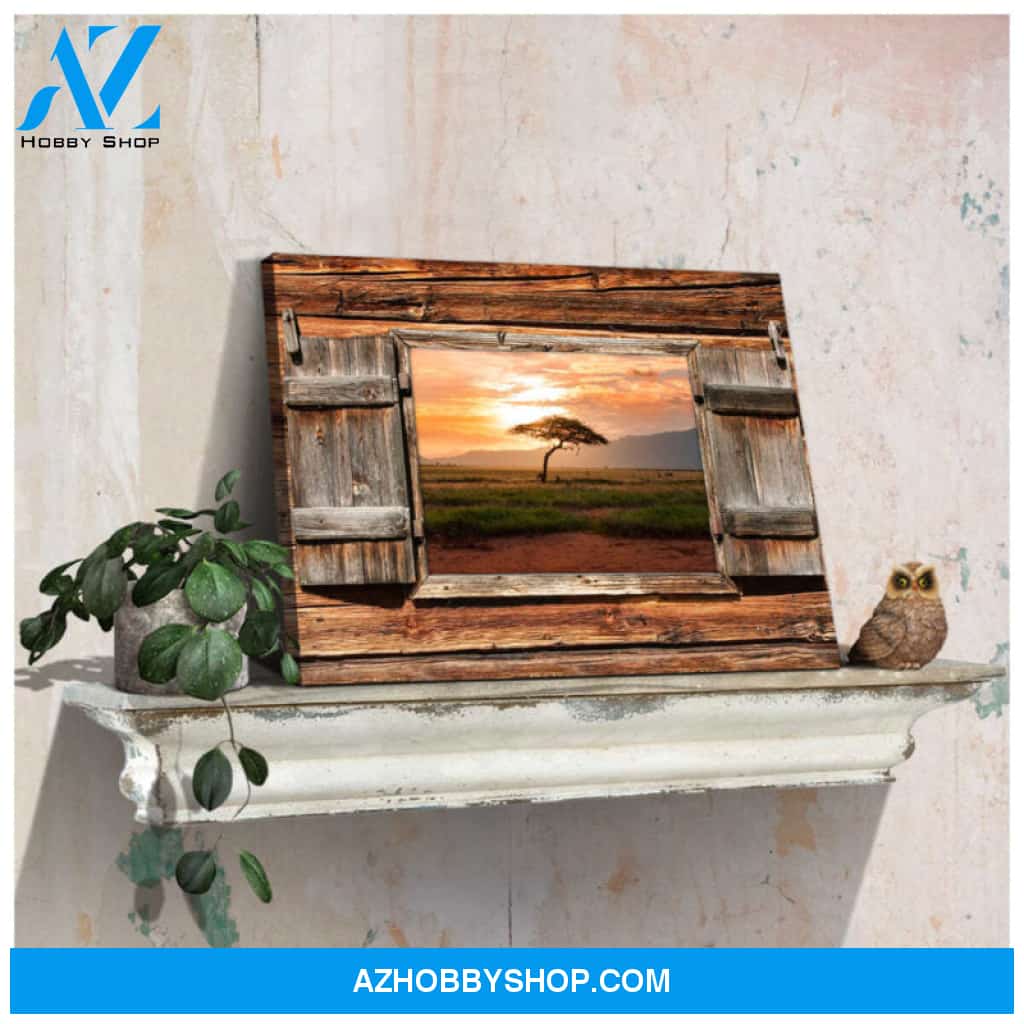 Canvas Wall Decor Barn Wood Window Alone tree on meadow at sunset Ohcanvas