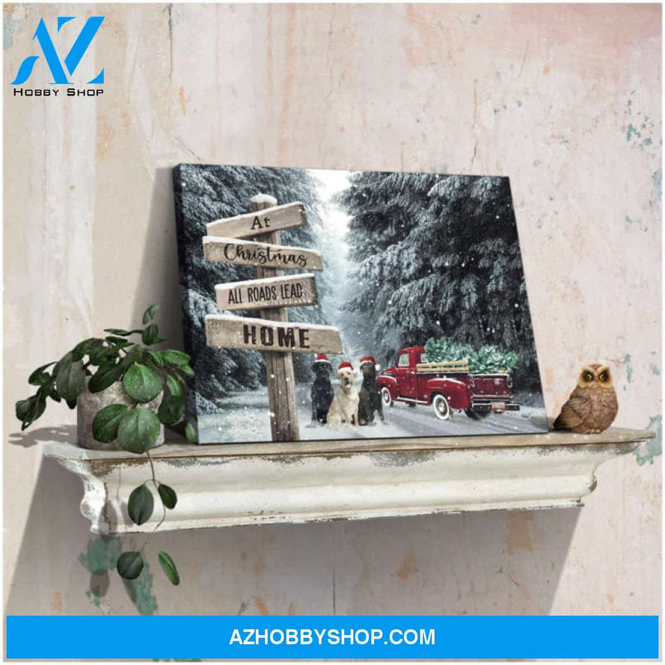 Canvas Wall Decor Christmas Gifts Red Truck and Labrador Retriever At Christmas All roads lead home Ohcanvas